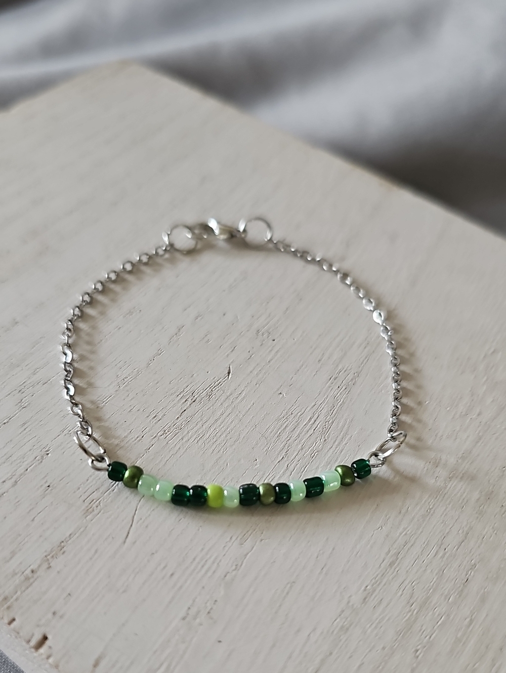 Delicate Silver Chain Bracelet with Green Seed Beads